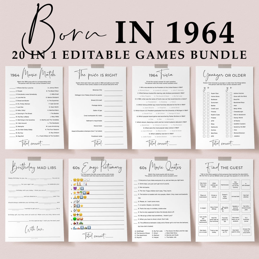 60th Birthday Games Bundle Printable Born in 1964 Birthday Party Pack ...