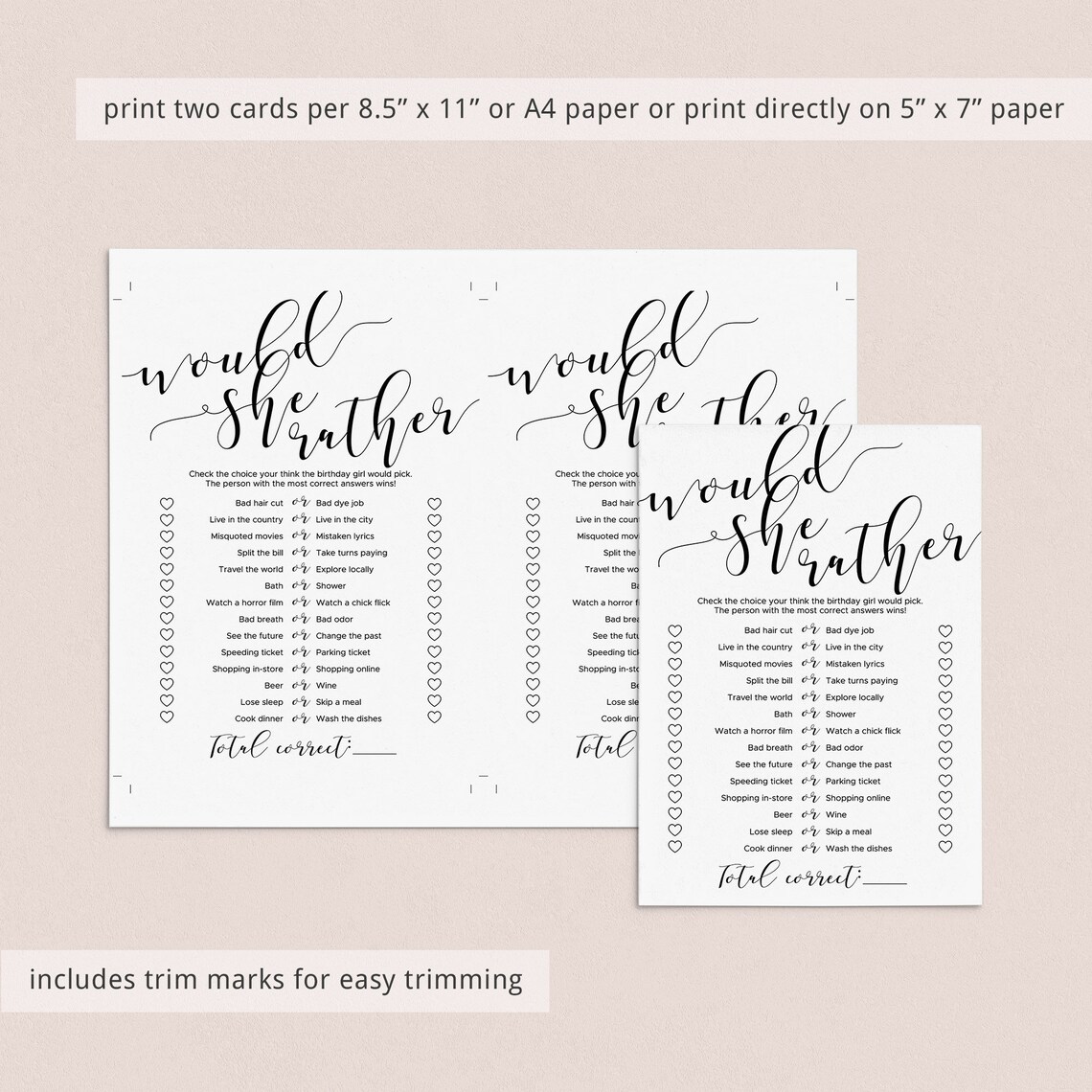 Birthday Would She Rather Game Printable Womens Birthday Game Ideas ...