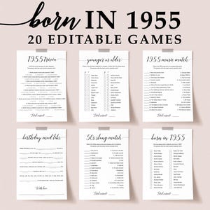 Geburtstagsspiele zum 70. Geburtstag für Sie oder Ihn Geboren im Jahr 1955 Geburtstagsvater Drehen 70 Gesellschaftsspiele Druckbares Geburtstagsspiel der Mutter Trivia Zurück im Jahr 1955 CL2