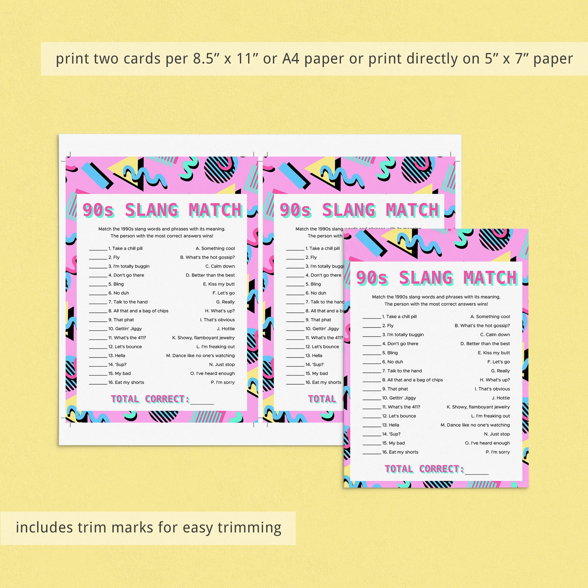 90s Slang Match Game Printable 1990s Theme Party Ideas Match the Slang