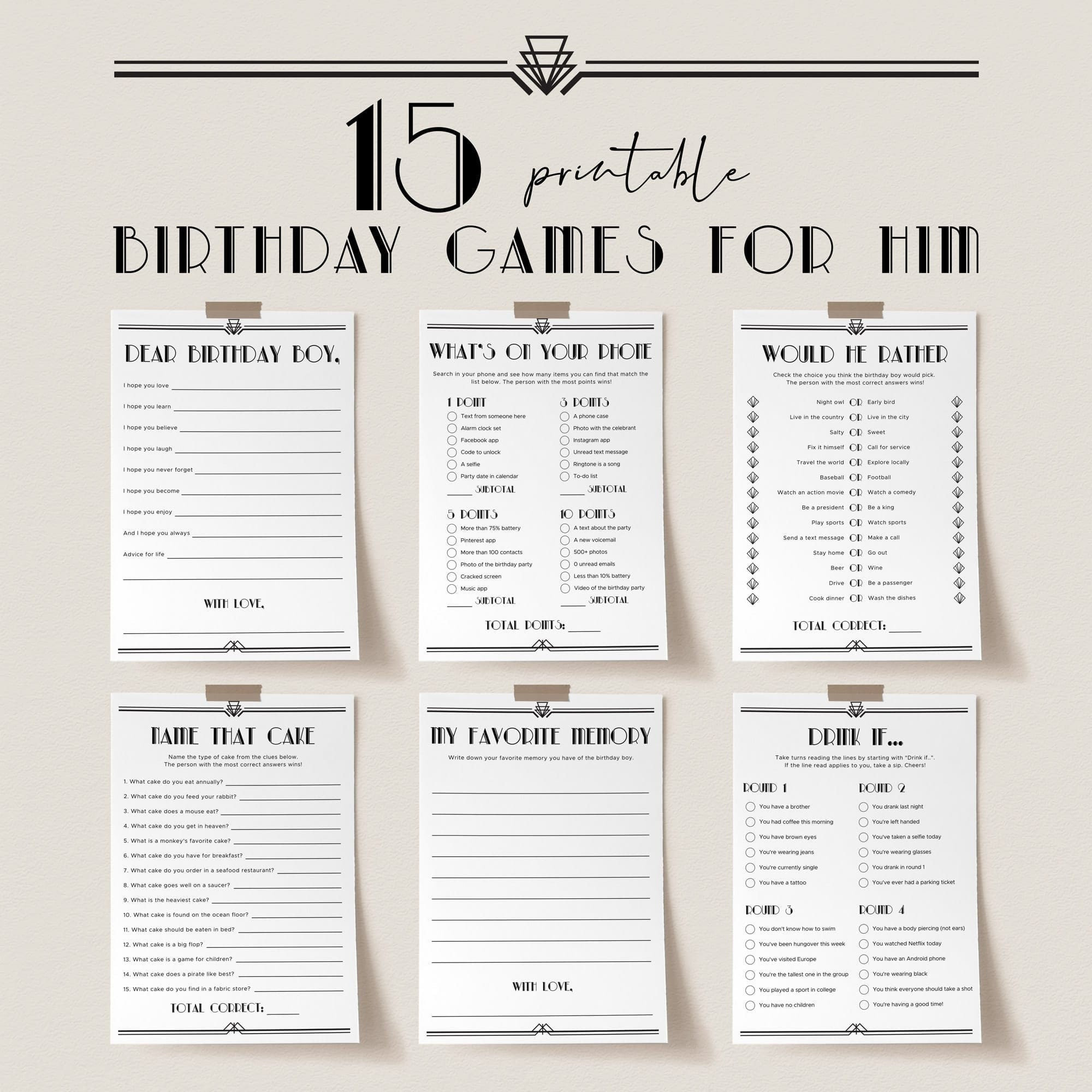 Gatsby Birthday Games Printable Art Deco Birthday Party Games - Etsy