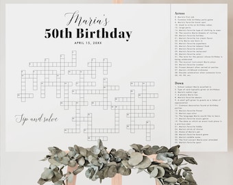 Birthday Crossword Sign Sip And Solve Puzzle Large Crossword Puzzle Custom Crossword Template Personalized Birthday Crossword 6 Sizes MV2