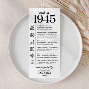 80th Birthday Decorations 80th Bday Place Card 80th Born in 1945 Table Card 80th Party Birthday Gift for Her for Him Back in 1945 Trivia UC1