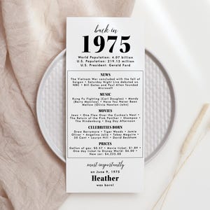 50th Birthday Party Decorations 50th Bday Place Cards 50th Born in 1975 Table Card 50th Party Birthday Gift for Her for Him Back in 1975 MV2