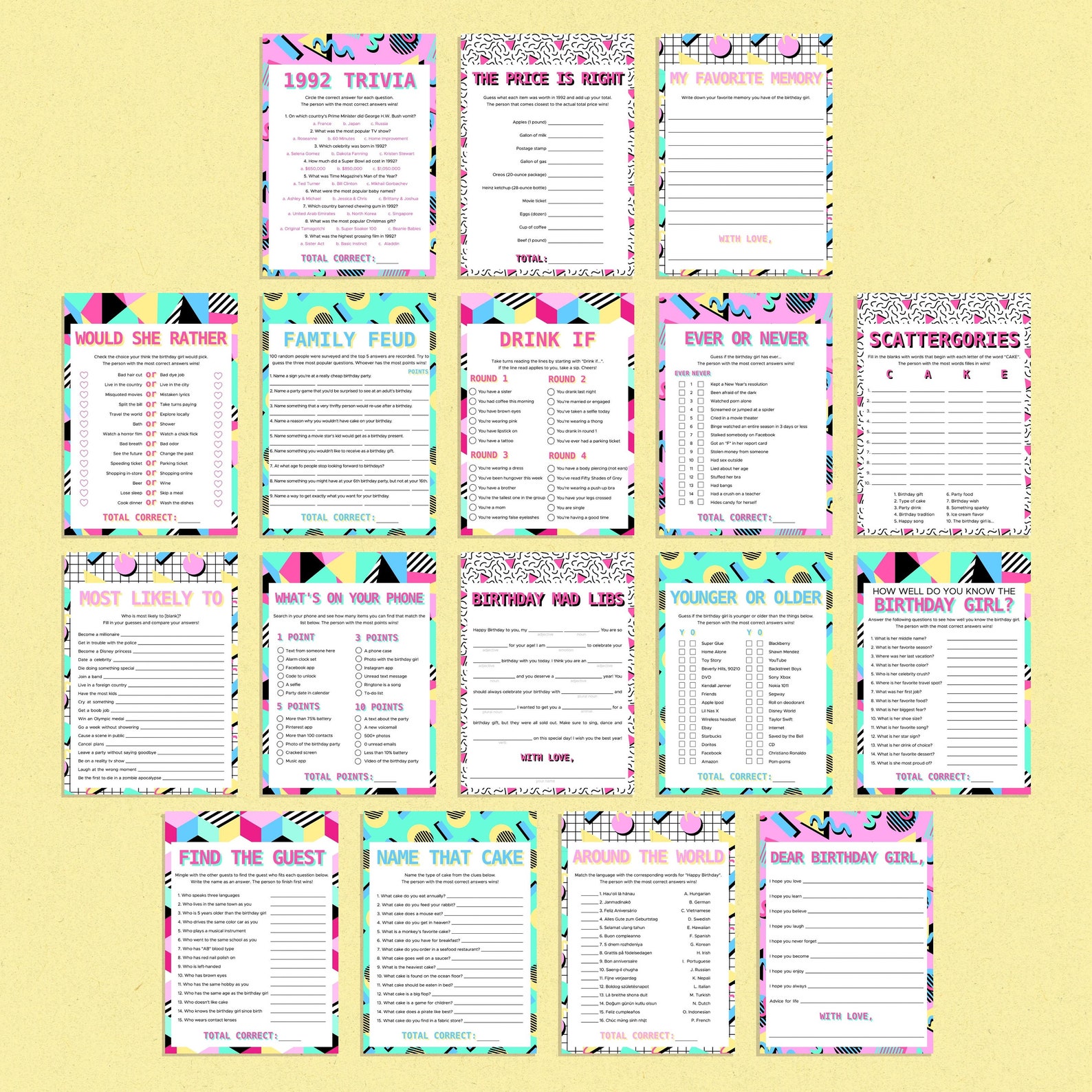 90s Themed Birthday Games Printable Born in 1992 Bday Party Activities ...