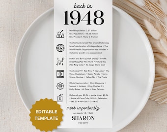 78th Birthday Party Decorations Back in 1948 Trivia Card Born in 1948 Birthday Table Card 1948 Fun Facts Mom's 78th Dad's Birthday Gift UC1