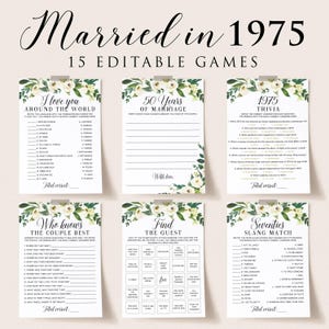 50周年記念パーティーゲーム 印刷可能な緑の結婚記念日のアイデア 記念日パーティーのためのカップルゲーム 1975年結婚 大人向け WR1