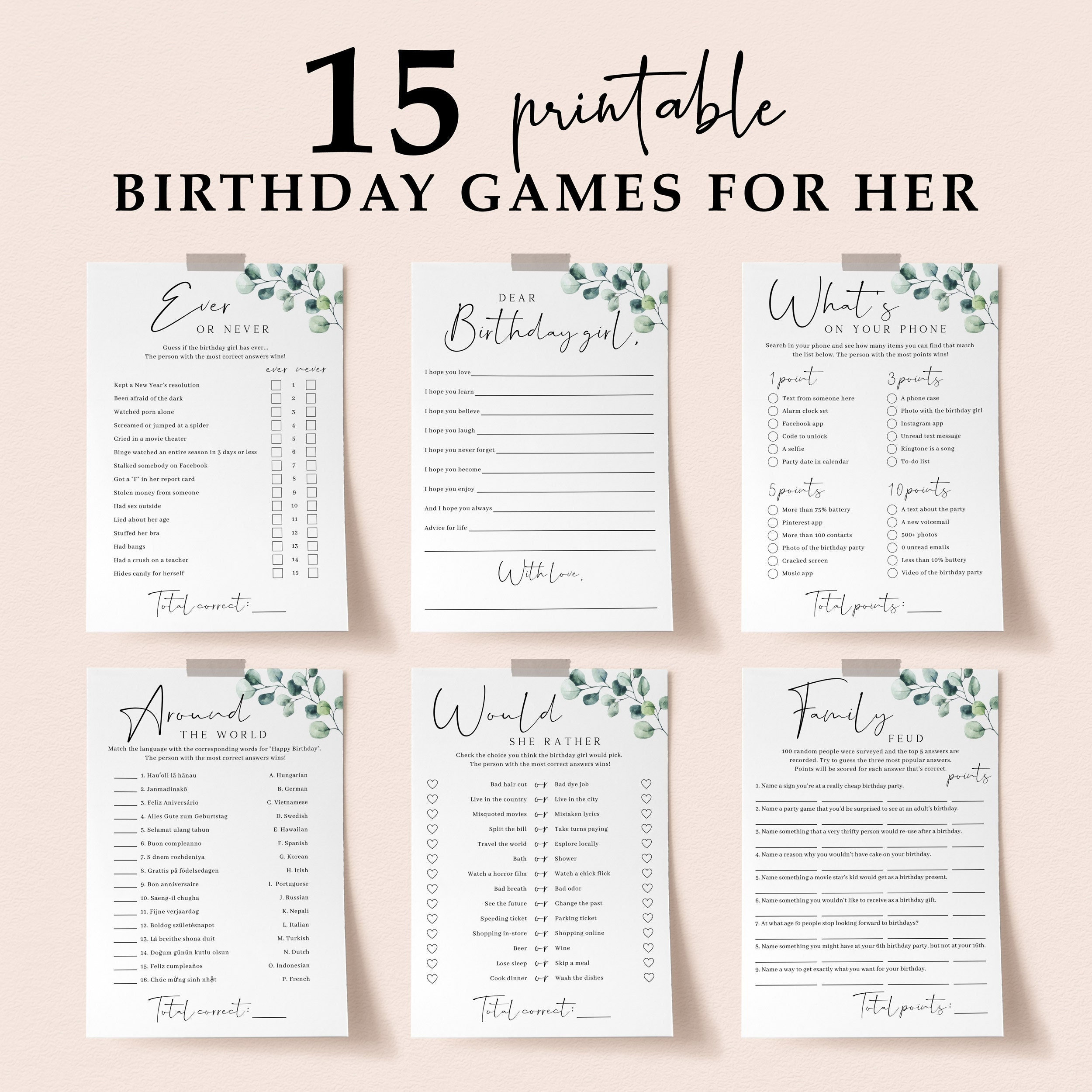 Greenery Birthday Party Games Bundle for Her Eucalyptus Bday
