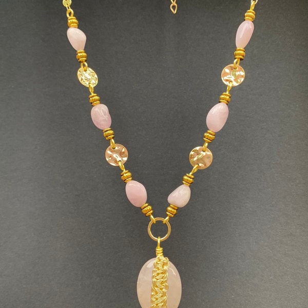 Collier sautoir Quartz rose et cuivre or