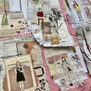 Handgeschöpfte Papiercollagen | Vintage inspirierte | Mädchen Sticker | Stifte pal | JournalSeiten | Scrapbooking