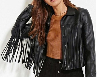 Noor Womens BLACK FRINGE Leather Jacket Coat | Western Club Party Wear CROPPED Style Cowgirl Leather Jacket | Halloween Special Gift For Her