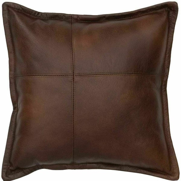 Housses de coussin en cuir véritable BROWN DISTRESSED | Housse de coussin SQUARE en cuir d'agneau doux | Couverture en cuir antique de haute qualité.