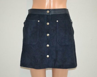 Women's Suede MINI Skirt Leather, Dark BLUE Suede Skirt, A-Line Silhouette Short Leather Skirt, BUTTON Closure Suede Leather Trim Skirt