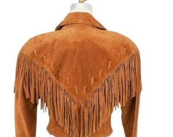 Women FRINGE Jacket Leather Golden Brown, Fringe Suede Jacket Vintage 70s COWGIRL Western Jacket Fringed Suede, Suede Leather Fringe Jacket