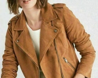 Noor Womens TAN Suede Jacket | Slim Fit BIKER Suede Leather Jacket | Handmade COWGIRL Suede Jacket | Customized Jacket Halloween Gift Fr Her