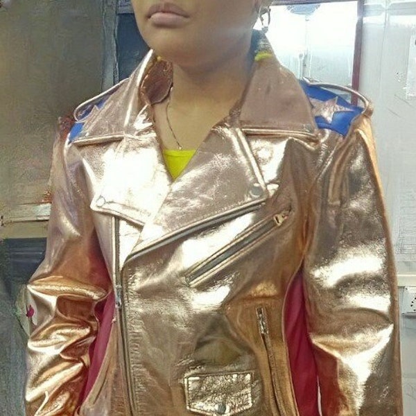 Women Lambskin Leather FRINGE Jacket | Slim Fit Color METALLIC GOLD Motorcycle Leather Jacket | Star Patchwork Color Block Leather Jacket