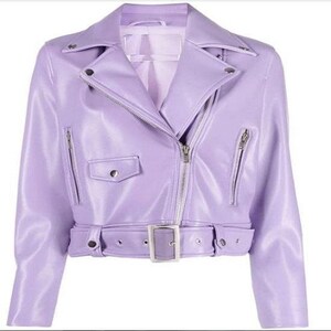 NOOR Women's Lambskin Light Purple Leather Jacket Belted Biker Designer ...