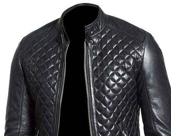 Lambskin Mens Leather Jacket | Stylish Motorcycle DIAMOND QUILTED Pattern Slim Fit Biker Leather Jacket | BLACK Leather Jacket | Gift fr him