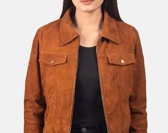 Women Suede Leather Jacket | TAN BROWN Color DENIM Style Suede Jacket | Winter Outfit Suede Biker Coat -  Suede Trucker Motorcycle  Jacket |