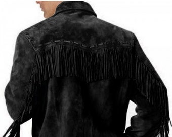 Noor BLACK Suede Leather Jacket For Men |  Western Style COWBOY FRINGE Suede Jacket | Handmade Tassel Jacket With Whipstitched Suede Jacket