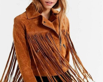 Tan BROWN Suede Leather Jacket for Women | Handmade Women Fringe Jacket | Festive Cowgirl TASSEL Winter Jacket |WESTERN Style Fringe Jacket