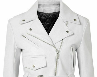 Noor Womens White CROPPED Leather Jacket | Slim Fit BIKER Style Jacket | SHEEPSKIN Real Leather Jacket |Celebrity Belted Long Sleeves Jacket