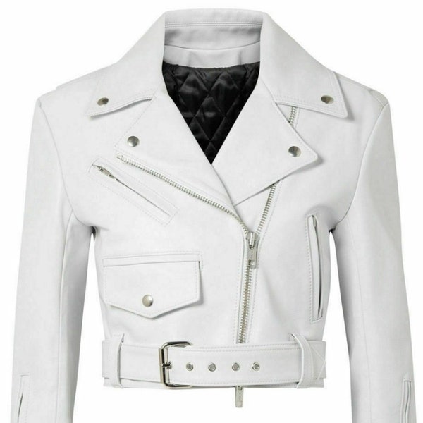 Noor Womens White CROPPED Leather Jacket | Slim Fit BIKER Style Jacket | SHEEPSKIN Real Leather Jacket |Celebrity Belted Long Sleeves Jacket