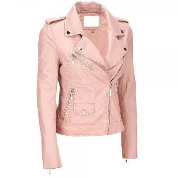 Veste en cuir ROSE BÉBÉ pour femme | Veste de motard élégante avec fermeture à glissière | Blouson Cuir Femme Rose Layette | Cadeau pour l'hiver