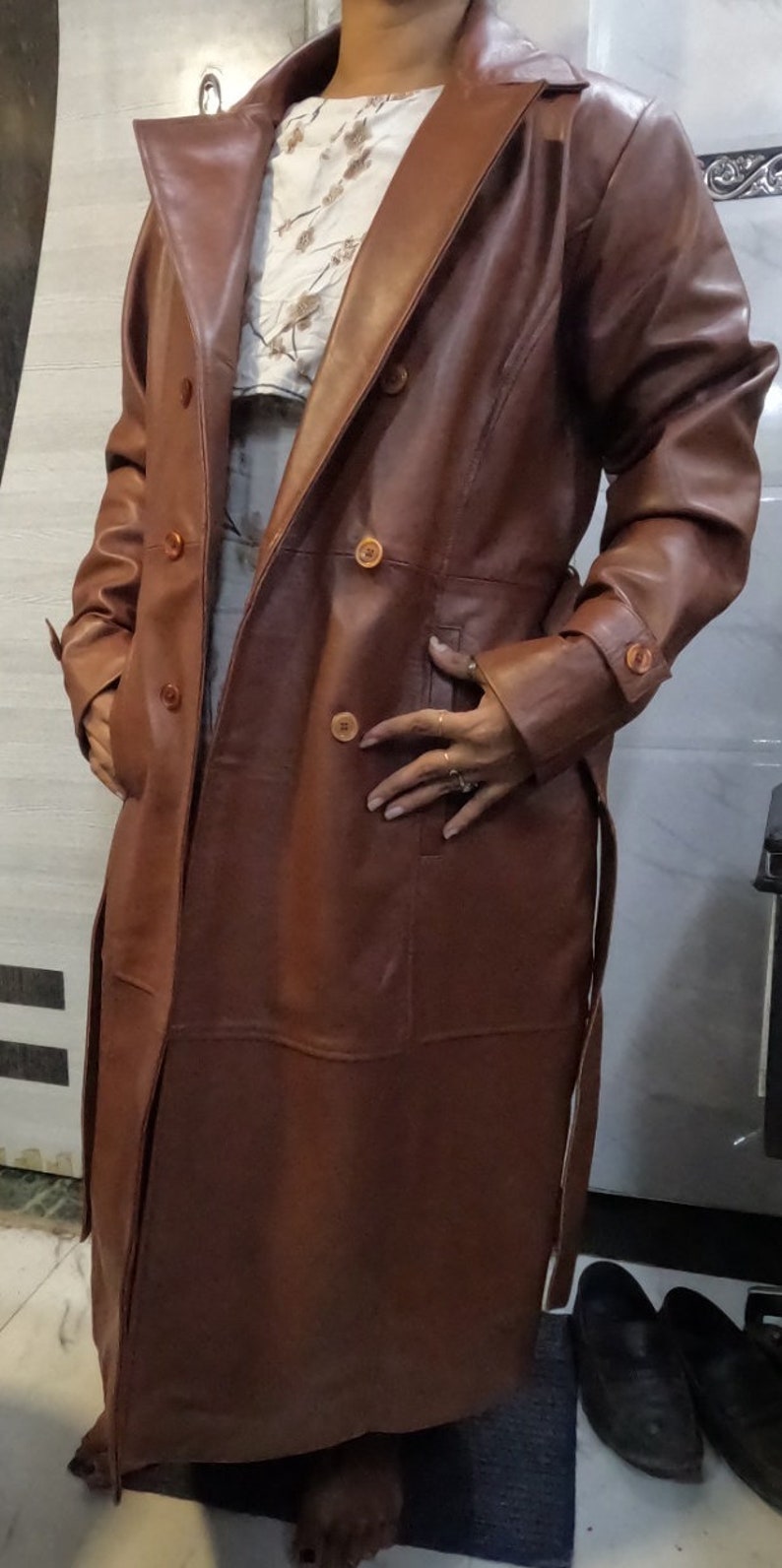 Two-Tone Leather Sleeve Trench Coat -82525