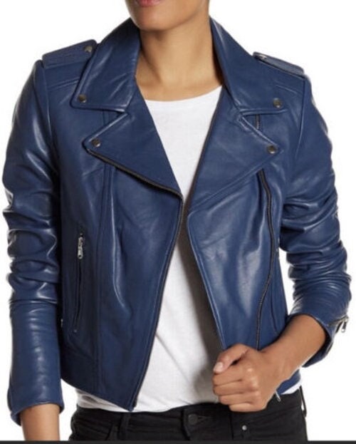 NOOR Women Lambskin Dark BLUE Leather Jacket Stylish Leather Moto