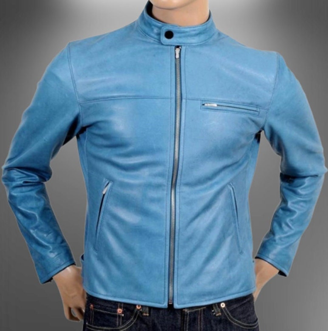 Noor Mens LIGHT BLUE Jacket Casual Slim Fit Biker -