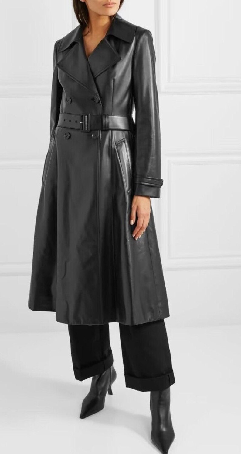 Womens Leather Trench Coat Black Double Breasted Leather Etsy
