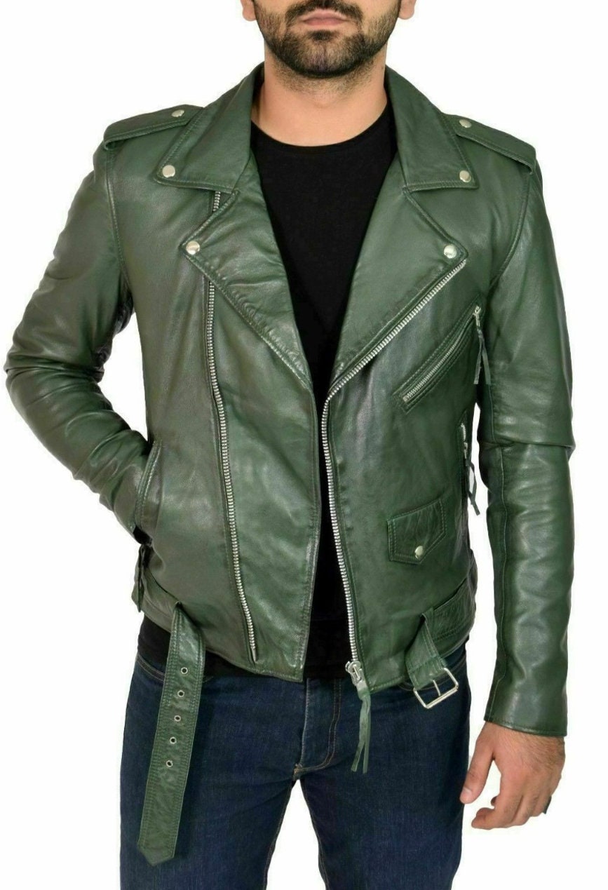 Noor Mens OLIVE GREEN Leather Jacket Belted BIKER Real - Etsy