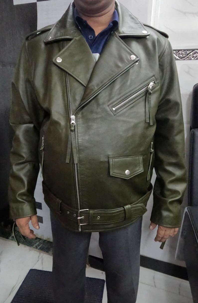 Noor Mens OLIVE GREEN Leather Jacket Belted BIKER Real Etsy