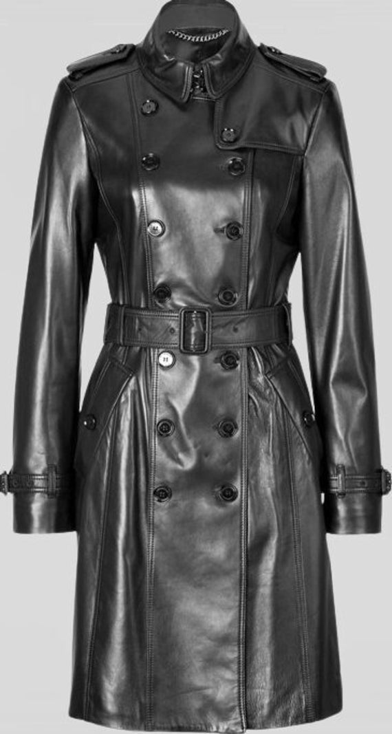 Noor Lambskin Leather Trench Coat Fr Women BLACK Color Festive