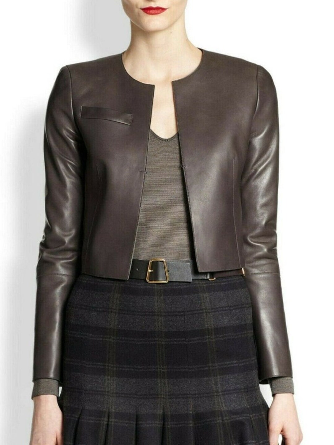 thumbnail image 2 of Smart Range Leather Women's Real Lamb Leather Cropped Bolero Jacket - 3/4 Sleeve, Black 2 of 4