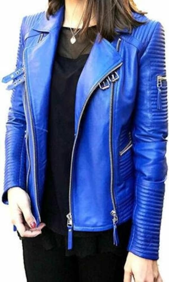 Womens Royal BLUE Genuine Lambskin Leather Biker Jacket Ladies