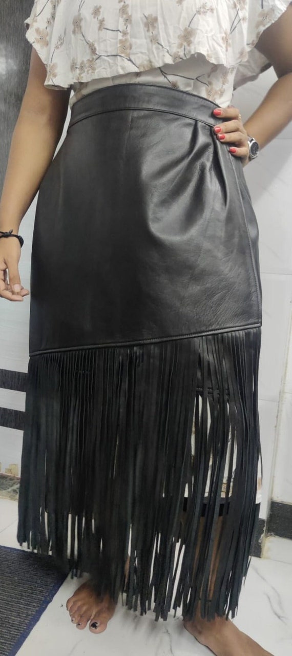Leather long black fringe skirt cheap