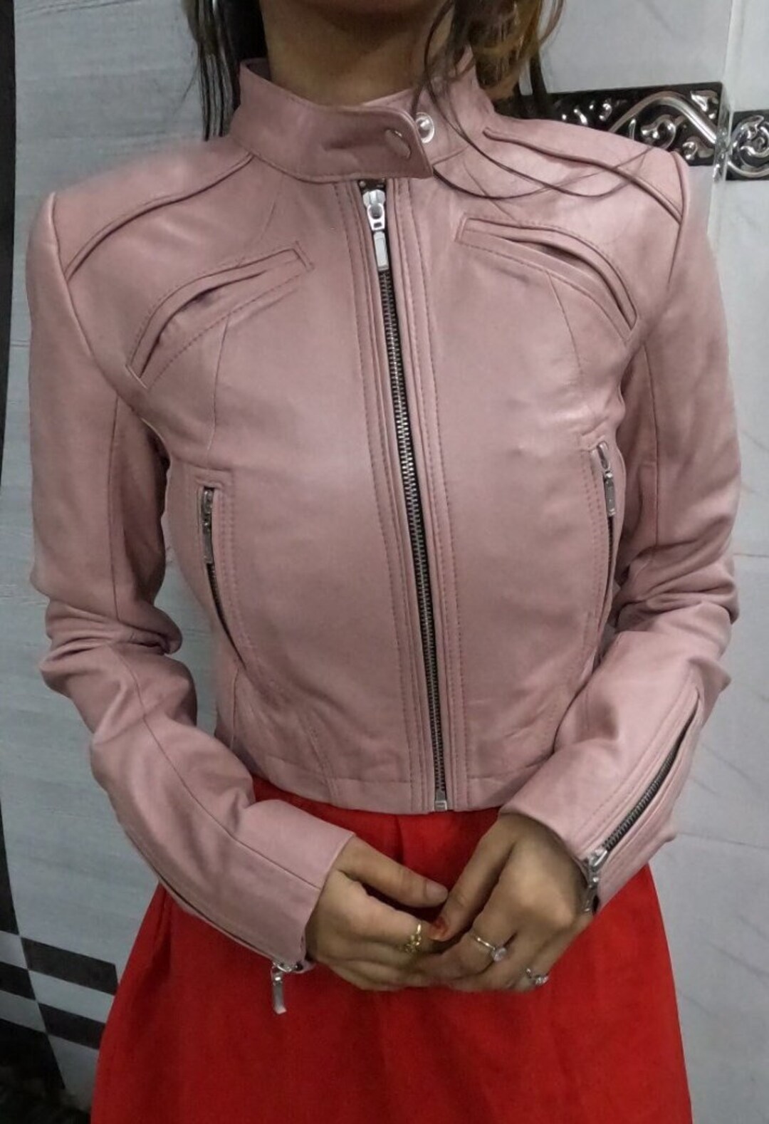 Noor Womens Baby PINK Leather Jacket Slim Fit Cropped Style Motor Biker