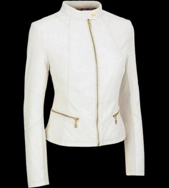 NOOR Womens 100 Lambskin WHITE Leather Jacket With Band Collar
