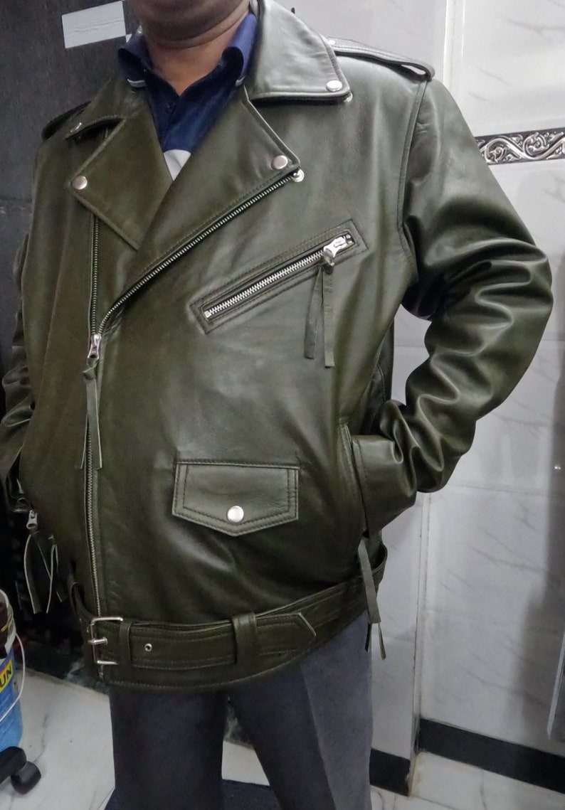 Noor Mens OLIVE GREEN Leather Jacket Belted BIKER Real Etsy
