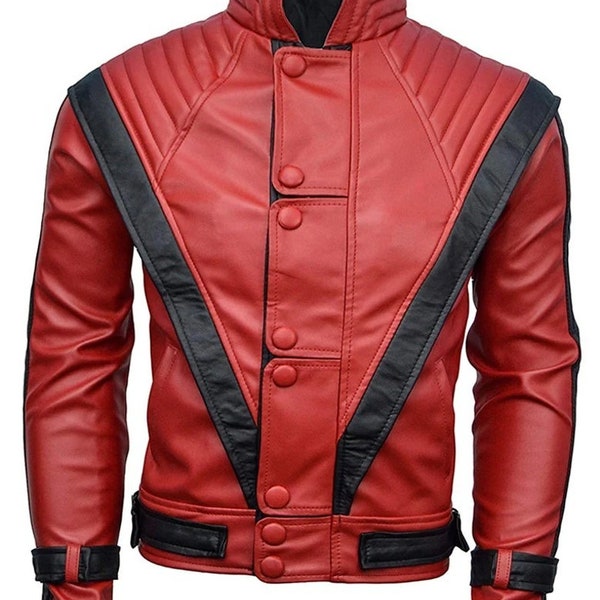 Noor Mens RED & BLACK Leather Jacket | Michael Jackson Thriller Leather Jacket |Stylish Color Block Jacket |Celebrity Jacket Gift Fr Mj Fans