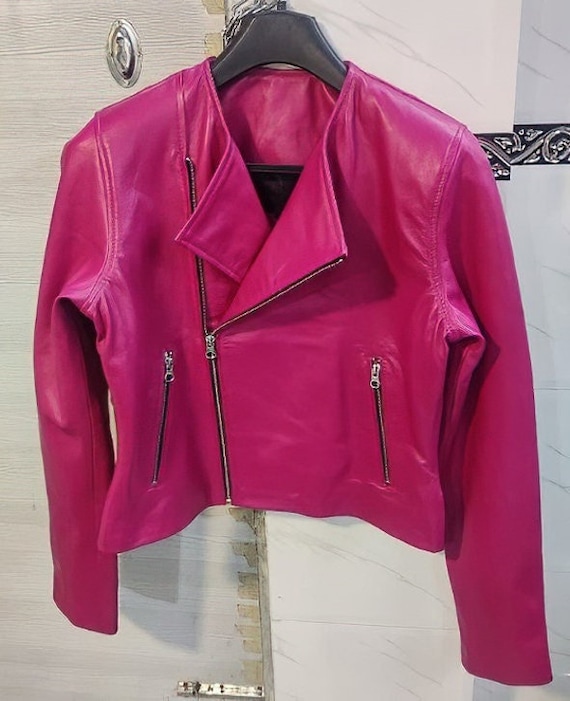 Celebrity pink faux leather cheap jacket