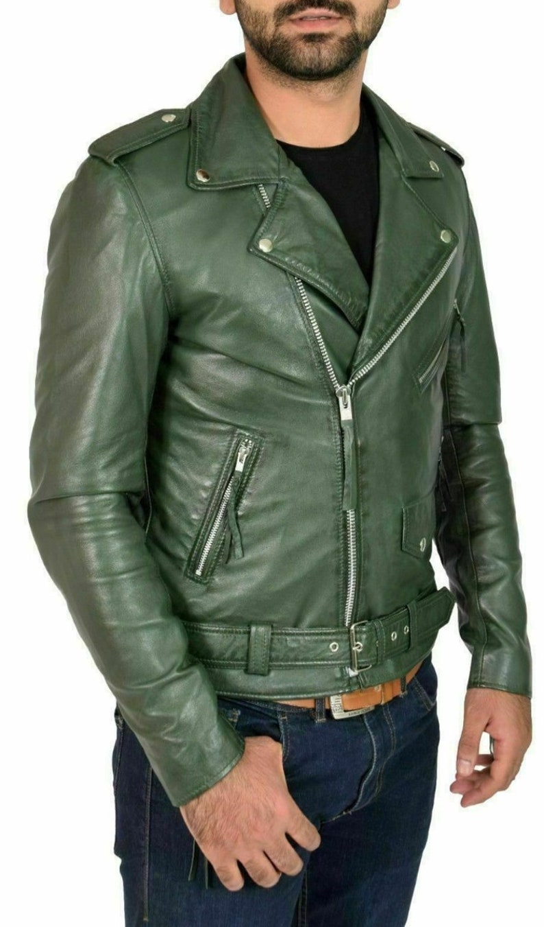 Noor Mens OLIVE GREEN Leather Jacket Belted BIKER Real Etsy