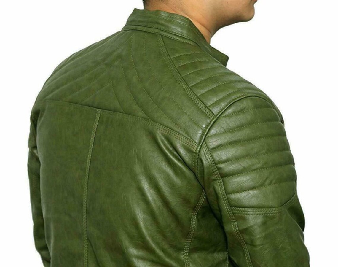 Noor Mens Leather Jacket Quilted Designer OLIVE GREEN Etsy