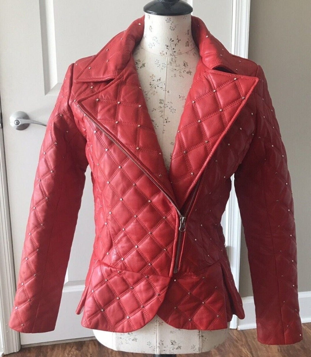 Noor Womens RED Leather Jacket Party Wear STUDDED Leather Jacket