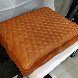Lambskin Leather Bench Floor Cushion Cover | BURNT ORANGE SQUARE Diamond Quilted Seat Cover | Leather Pet Bed Cover | Best Housewarming Gift