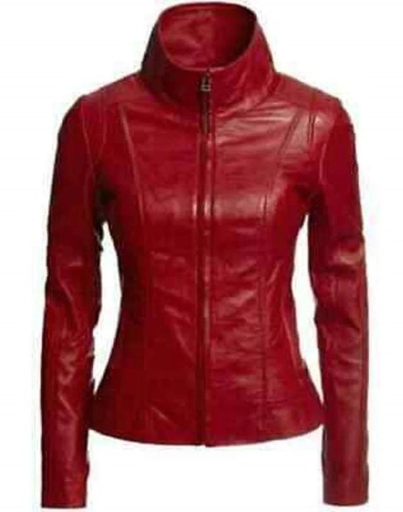 Noor Womens RED Leather Jacket Motorcycle Slim Fit Red Stand