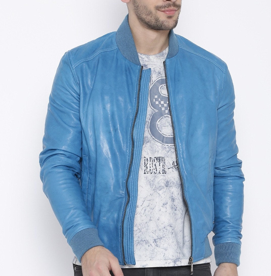 Noor Men's BLUE BOMBER Leather Casual Rib - Etsy