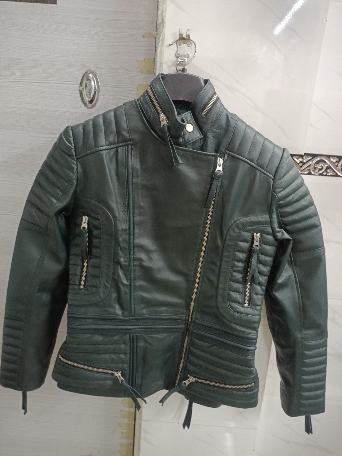 Women Leather Jacket Olive Green Stylish Motorcycle QUILTED - Etsy